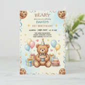 Boho Teddy Bear Beary First 1st Birthday Party 招待状 (スタンド正面)