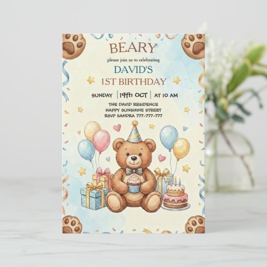 Boho Teddy Bear Beary First 1st Birthday Party 招待状 (スタンド正面)