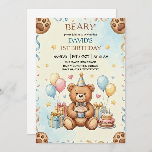 Boho Teddy Bear Beary First 1st Birthday Party 招待状 (正面/裏面)