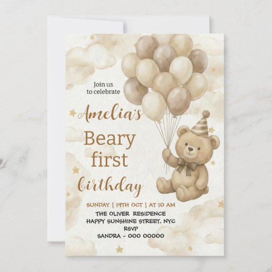 Boho Teddy Bear Beary First 1st Birthday Party 招待状 (正面)