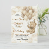 Boho Teddy Bear Beary First 1st Birthday Party 招待状 (スタンド正面)