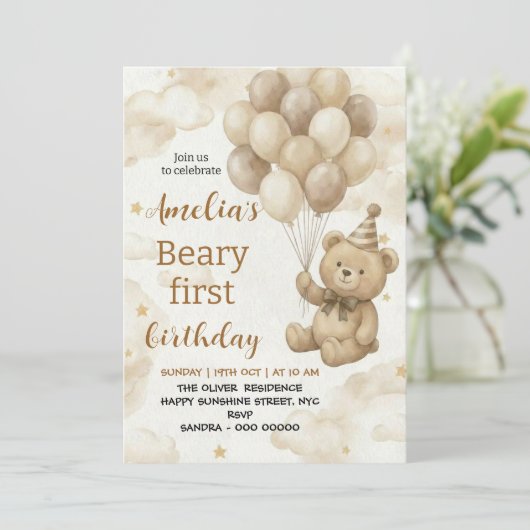 Boho Teddy Bear Beary First 1st Birthday Party 招待状 (スタンド正面)
