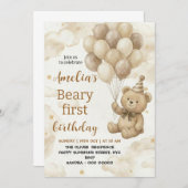 Boho Teddy Bear Beary First 1st Birthday Party 招待状 (正面/裏面)