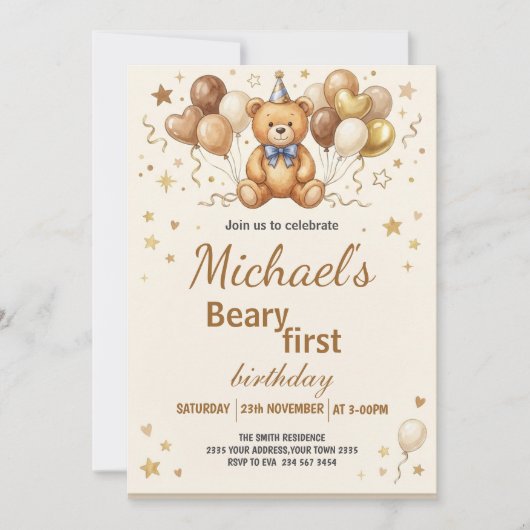 Boho Teddy Bear Beary First 1st Birthday Party 招待状 (正面)