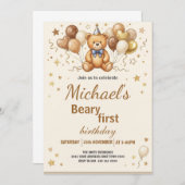 Boho Teddy Bear Beary First 1st Birthday Party 招待状 (正面/裏面)