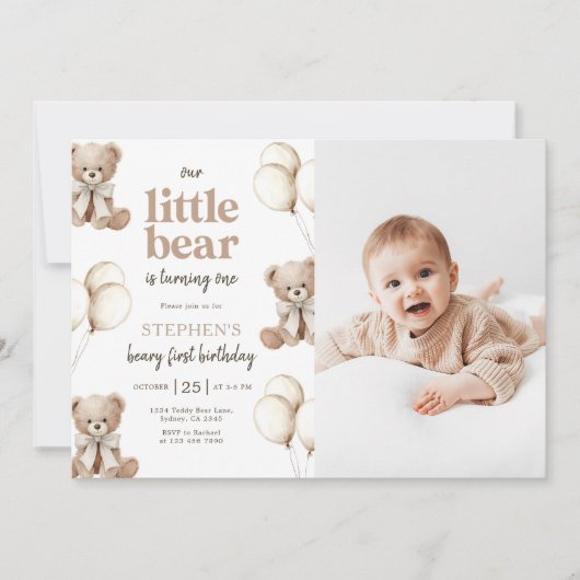 Boho Teddy Bear Beary First 1st Birthday Photo 招待状 (正面)