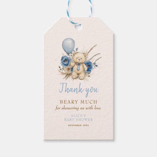 Boho Teddy Bear Blue Bearly待ち赤ちゃんシャワー特典 ギフトタグ (正面)