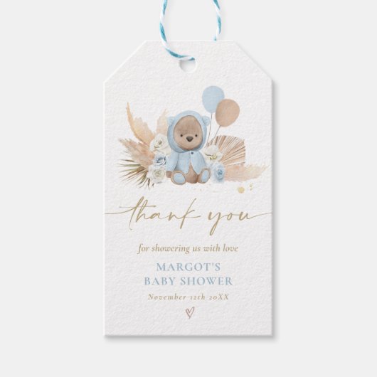 Boho Teddy Bear Blue Bearly待ち赤ちゃんシャワー特典 ギフトタグ (正面)