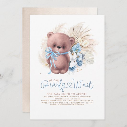 Boho Teddy Bear Blue Bearly Wait少年ベイビーシャワー 招待状 (正面/裏面)