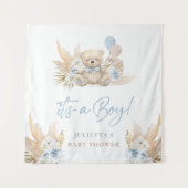 Boho Teddy Bear Boy Blue Baby Showerウェルカムサイン タペストリー (正面(横))