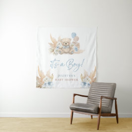 Boho Teddy Bear Boy Blue Baby Showerウェルカムサイン タペストリー