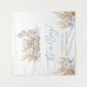 Boho Teddy Bear Boy Blue Baby Showerウェルカムサイン タペストリー (正面)