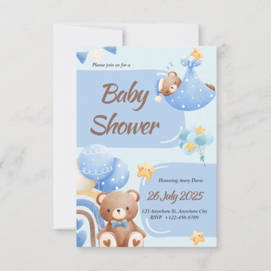 Boho Teddy Bear Boy Blue Baby Shower Invitation 招待状 (正面)