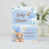 Boho Teddy Bear Boy Blue Baby Shower Invitation 招待状 (スタンド正面)