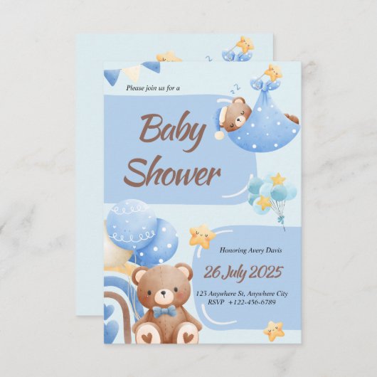 Boho Teddy Bear Boy Blue Baby Shower Invitation 招待状 (正面/裏面)
