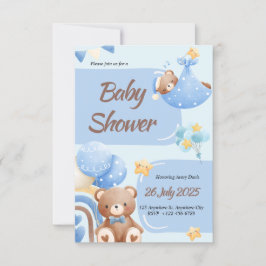 Boho Teddy Bear Boy Blue Baby Shower Invitation 招待状