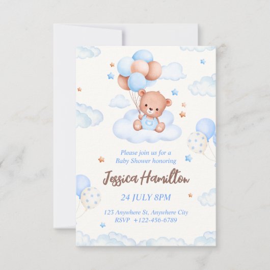 Boho Teddy Bear Boy Blue Baby Shower Invitation 招待状 (正面)