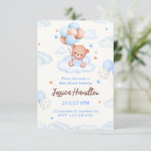 Boho Teddy Bear Boy Blue Baby Shower Invitation 招待状 (スタンド正面)