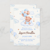 Boho Teddy Bear Boy Blue Baby Shower Invitation 招待状 (正面/裏面)