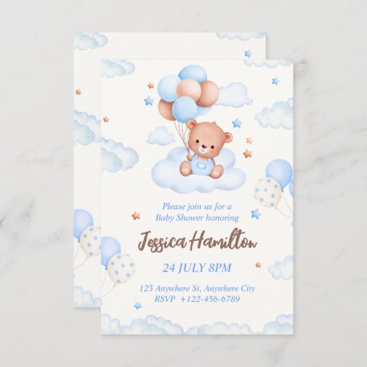 Boho Teddy Bear Boy Blue Baby Shower Invitation 招待状 (正面/裏面)
