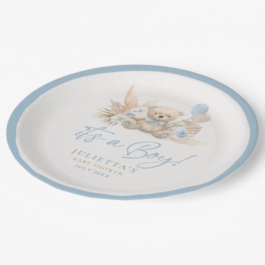 Boho Teddy Bear Boy Blue Bearly Wait赤ちゃんシャワー ペーパープレート (アングル)