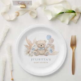 Boho Teddy Bear Boy Blue Bearly Wait赤ちゃんシャワー ペーパープレート