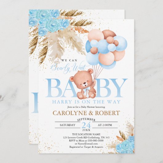 Boho Teddy Bear Boy Blue Bearly Wait赤ちゃんシャワー 招待状 (正面/裏面)