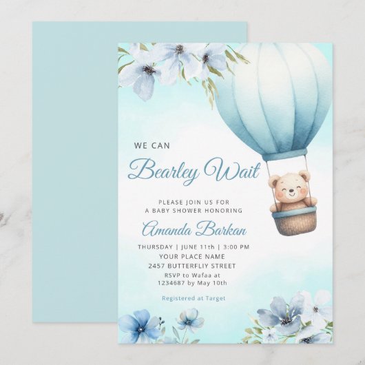 Boho Teddy Bear Boy Blue Bearly Wait赤ちゃんシャワー 招待状 (正面/裏面)