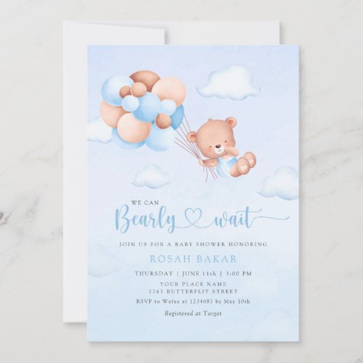 Boho Teddy Bear Boy Blue Bearly Wait赤ちゃんシャワー 招待状 (正面)