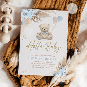 Boho Teddy Bear Boy Blue Bearly Wait赤ちゃんシャワー 招待状