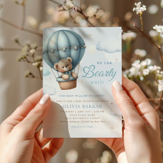 Boho Teddy Bear Boy Blue Bearly Wait赤ちゃんシャワー 招待状