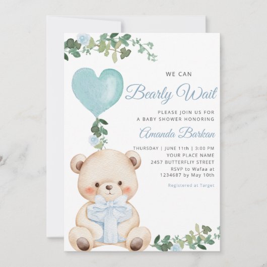 Boho Teddy Bear Boy Blue Bearly Wait Baby Shower  招待状 (正面)