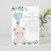Boho Teddy Bear Boy Blue Bearly Wait Baby Shower  招待状 (スタンド正面)