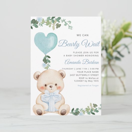 Boho Teddy Bear Boy Blue Bearly Wait Baby Shower  招待状 (スタンド正面)