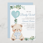 Boho Teddy Bear Boy Blue Bearly Wait Baby Shower  招待状 (正面/裏面)