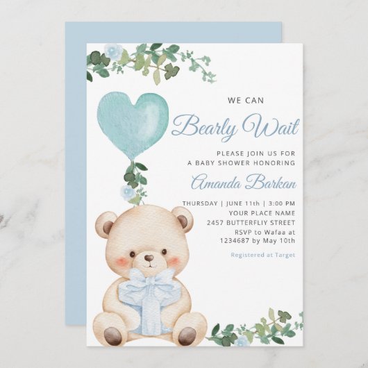 Boho Teddy Bear Boy Blue Bearly Wait Baby Shower 招待状 (正面/裏面)