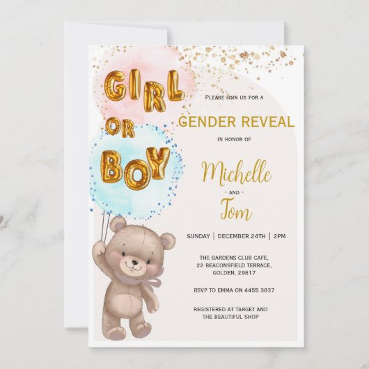Boho Teddy Bear Gender Reveal招待状 招待状 (正面)