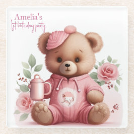 Boho Teddy Bear Girl Pink Bear Floral Birthday  ガラスコースター
