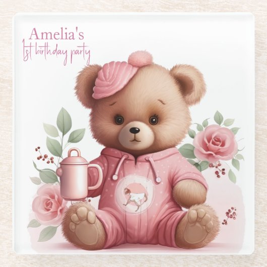 Boho Teddy Bear Girl Pink Bear Floral Birthday  ガラスコースター (正面)