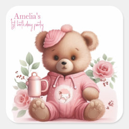 Boho Teddy Bear Girl Pink Bear Floral Birthday  スクエアシール