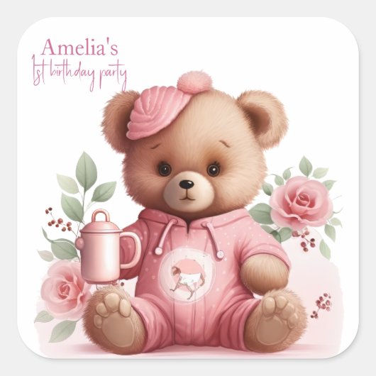Boho Teddy Bear Girl Pink Bear Floral Birthday  スクエアシール (正面)