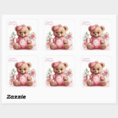 Boho Teddy Bear Girl Pink Bear Floral Birthday  スクエアシール (シート)