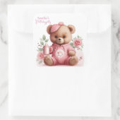 Boho Teddy Bear Girl Pink Bear Floral Birthday  スクエアシール (バッグ)