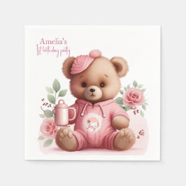 Boho Teddy Bear Girl Pink Bear Floral Birthday  スタンダードカクテルナプキン