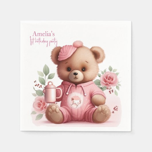 Boho Teddy Bear Girl Pink Bear Floral Birthday  スタンダードカクテルナプキン (正面)