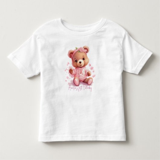 Boho Teddy Bear Girl Pink Bear Floral Birthday  トドラーTシャツ (正面)