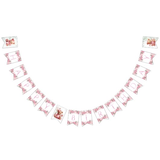 Boho Teddy Bear Girl Pink Bear Floral Birthday  バンティングフラッグ (全)