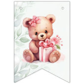Boho Teddy Bear Girl Pink Bear Floral Birthday  バンティングフラッグ (第1の旗)