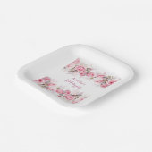 Boho Teddy Bear Girl Pink Bear Floral Birthday  ペーパープレート (傾斜あり)