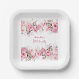 Boho Teddy Bear Girl Pink Bear Floral Birthday  ペーパープレート